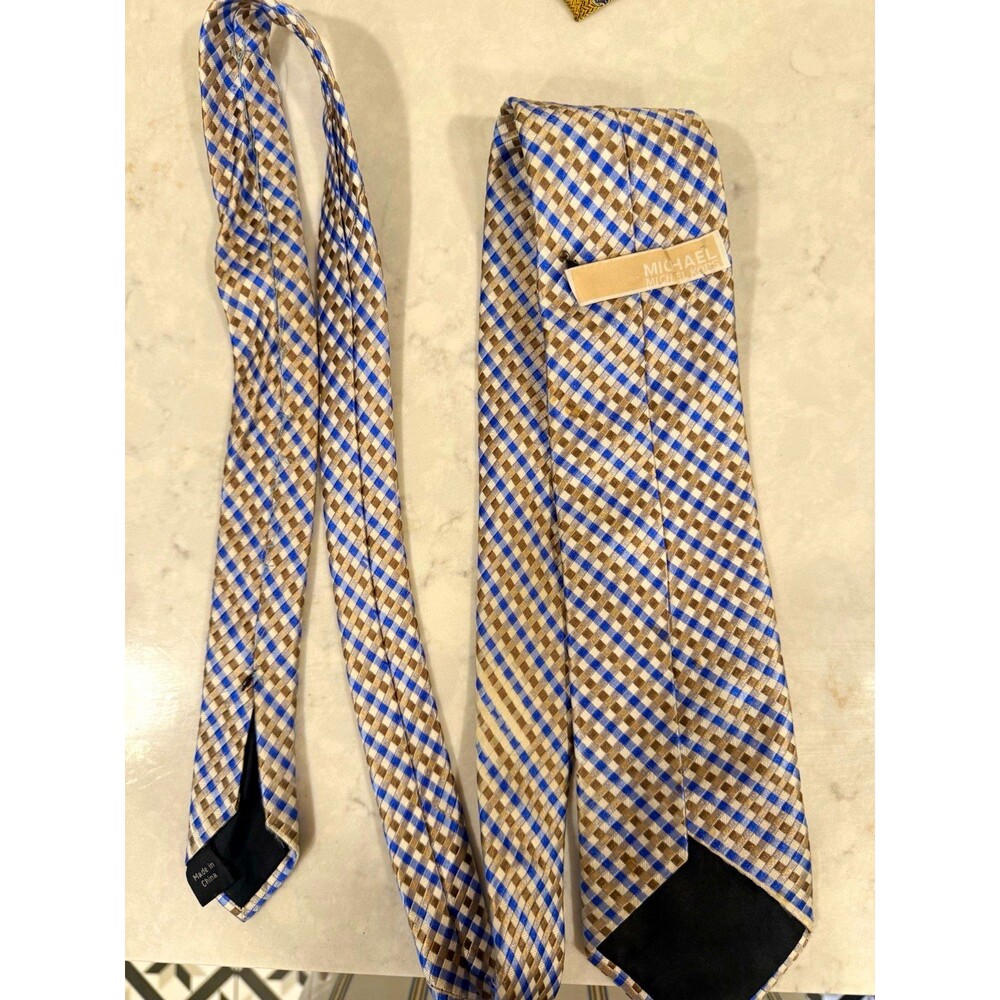 Michael Kors Men's Silk Plaid & Check Standard Tie Blue Brown White